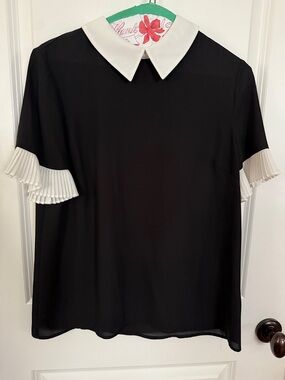 CeCe Black Blouse with White Collar and Pleated Sleeve Accents